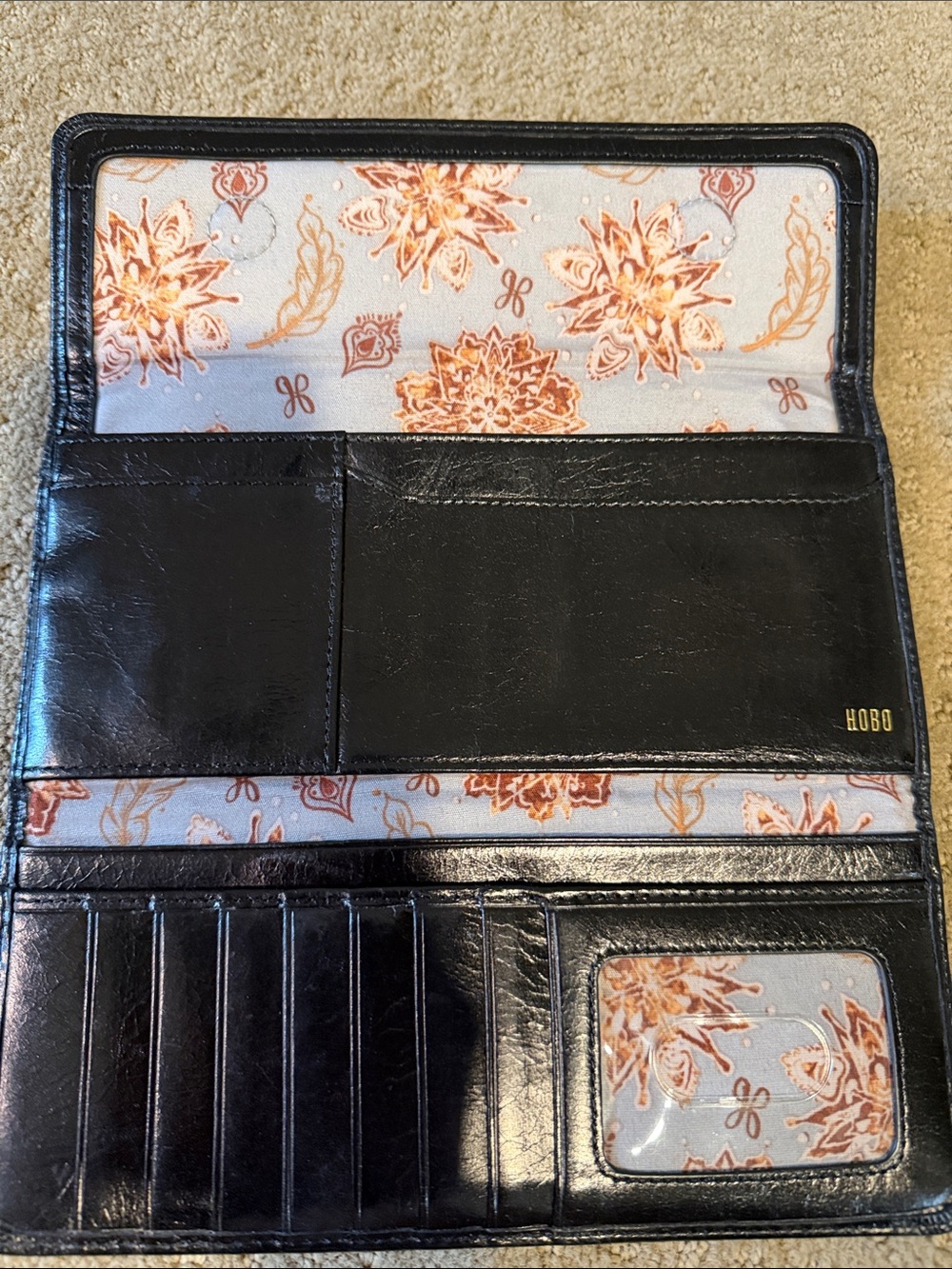 HOBO Black Leather Card & Key Holder with Floral Lining